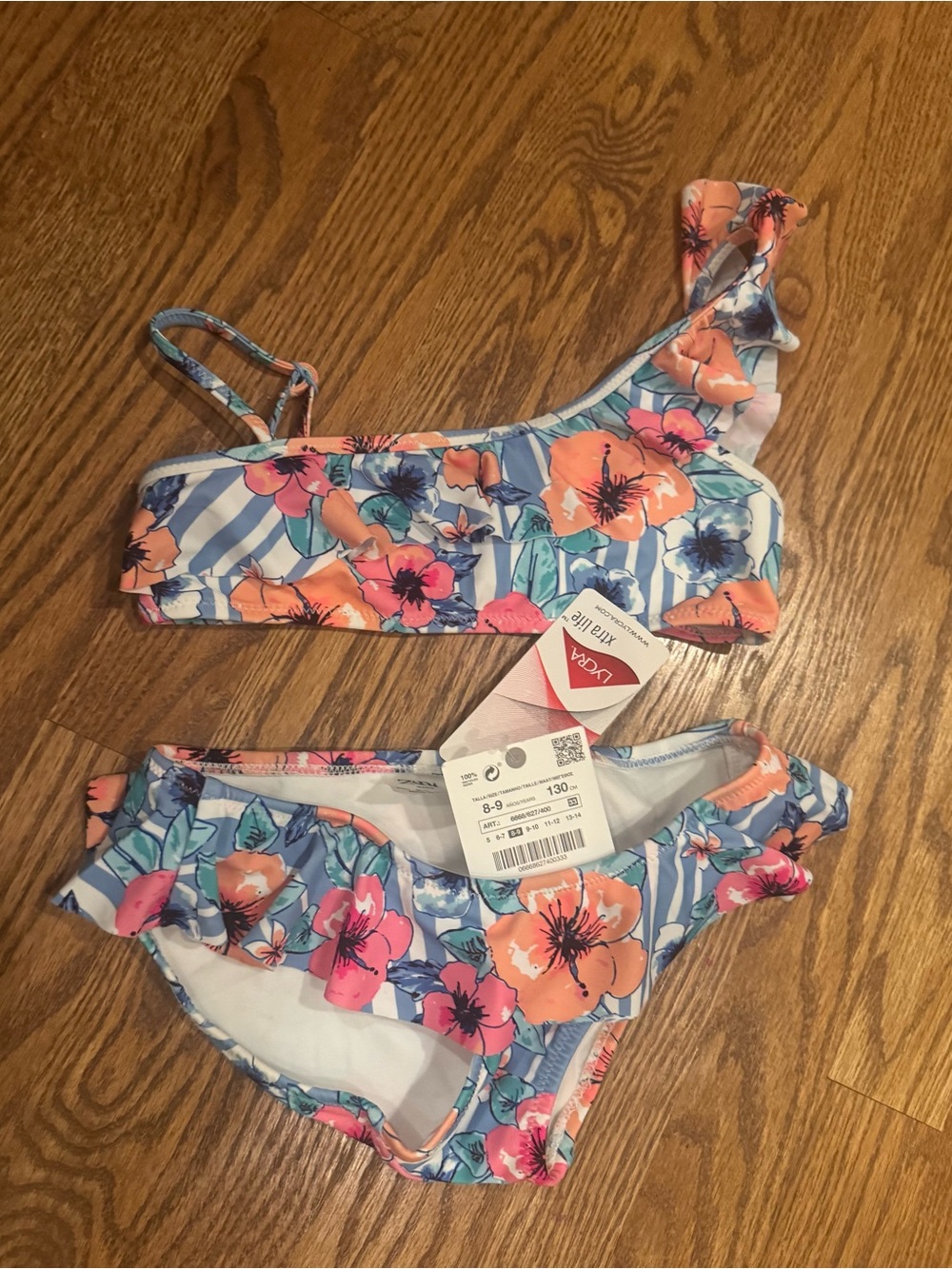 Zara Girls Floral One-Shoulder Ruffles Bikini — Blue & Coral